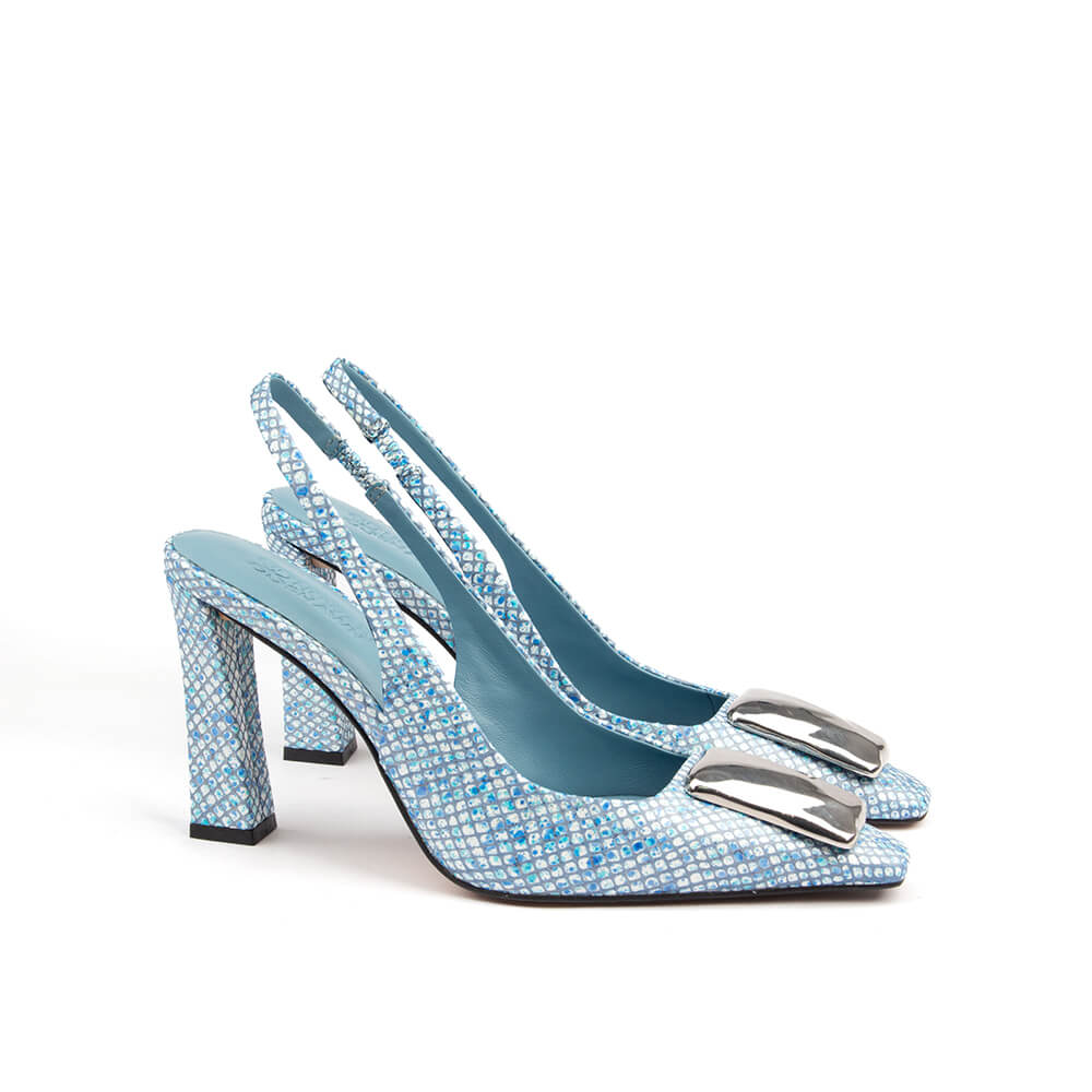 Women's pointed toe block heels in blue crystal embellished upper and silver hardware