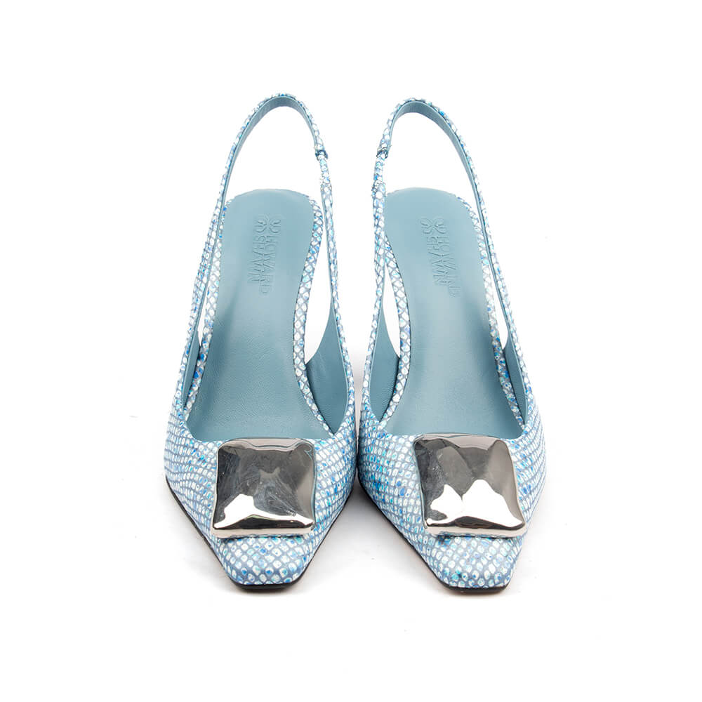 Crystal blue glitter slingback heels with square metal toe accent and high block heel