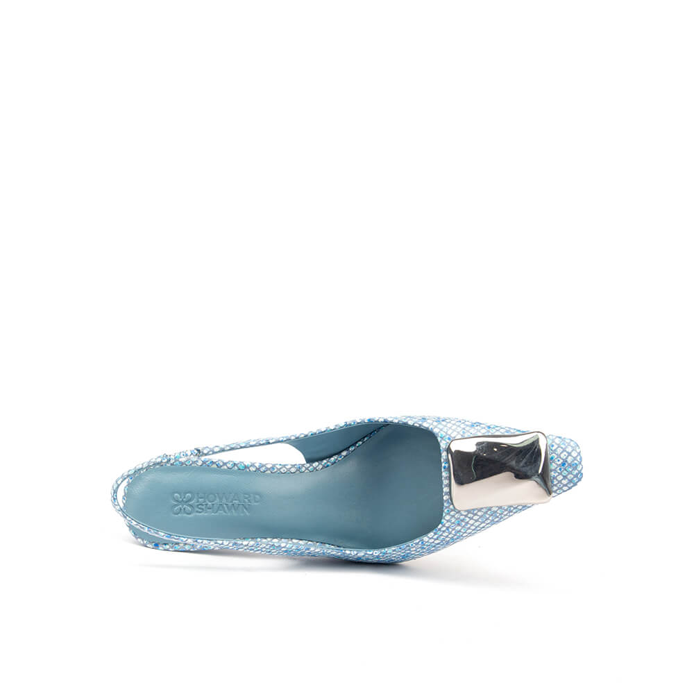 Blue crystal block heel slingback shoes with polished silver toe detail — side view