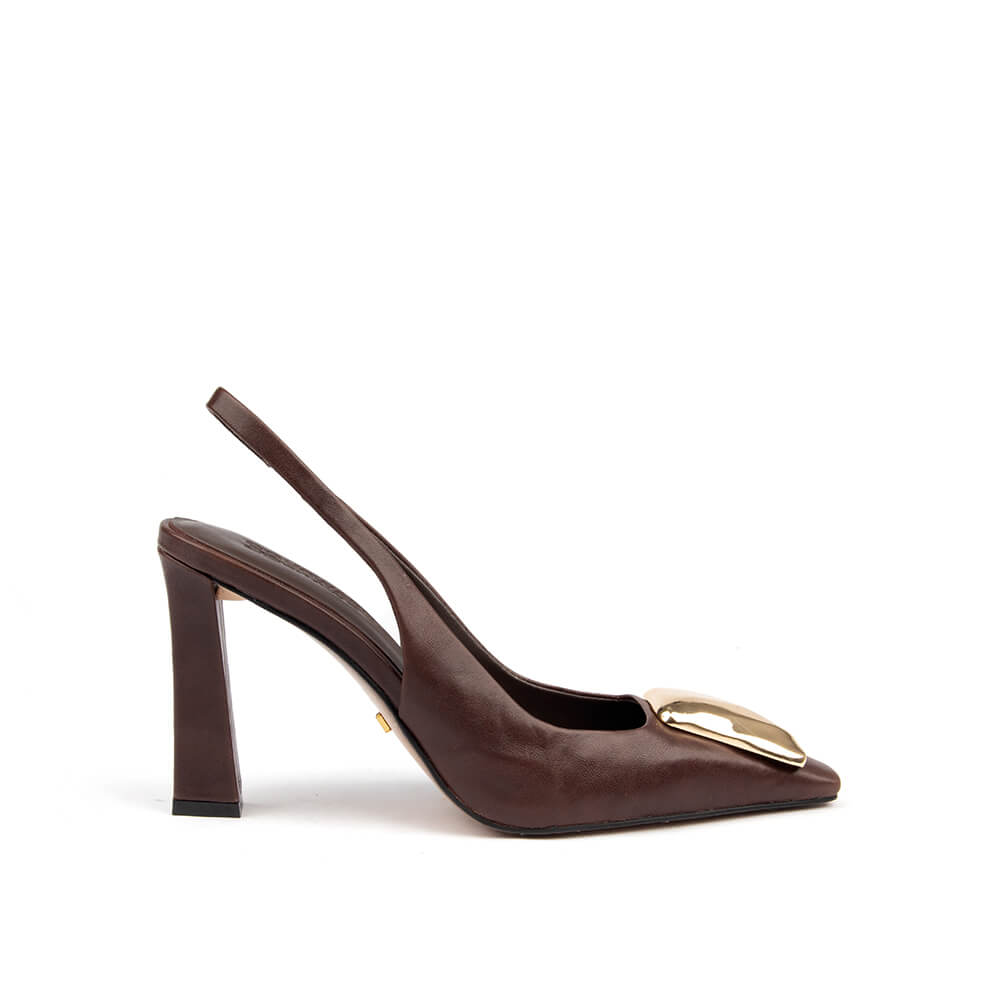 Chocolate brown smooth leather slingback block heel pumps with gold toe hardware
