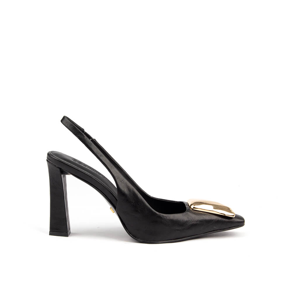 Women's pointed toe block heels in noir black leather with gold hardware accent