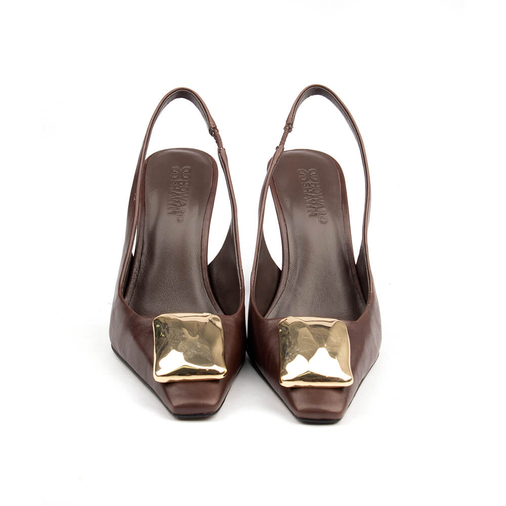 Rich brown slingback heels with square gold toe detail and high block heel