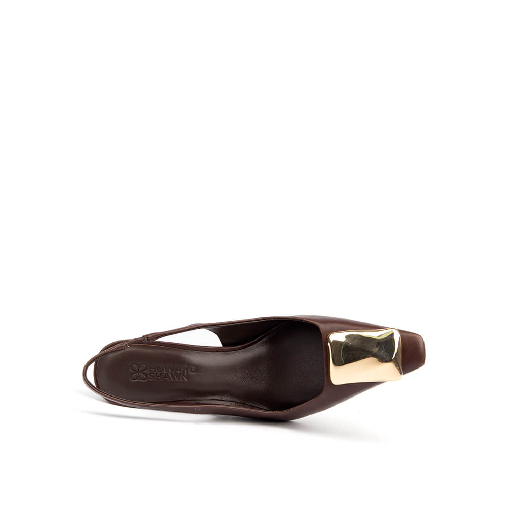 Women's chocolate brown occasion pumps with adjustable slingback and gold hardware