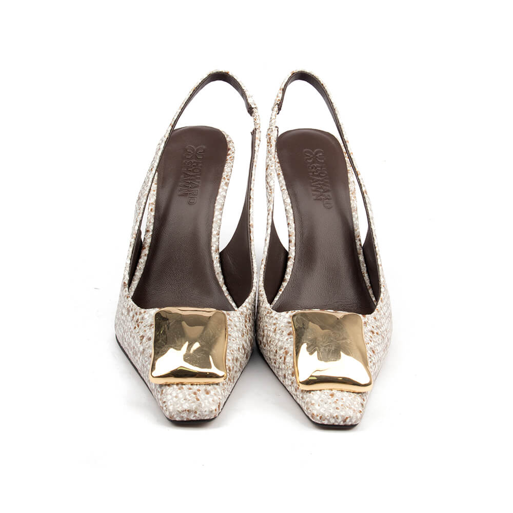 Champagne encrusted slingback heels with square gold toe detail and high block heel
