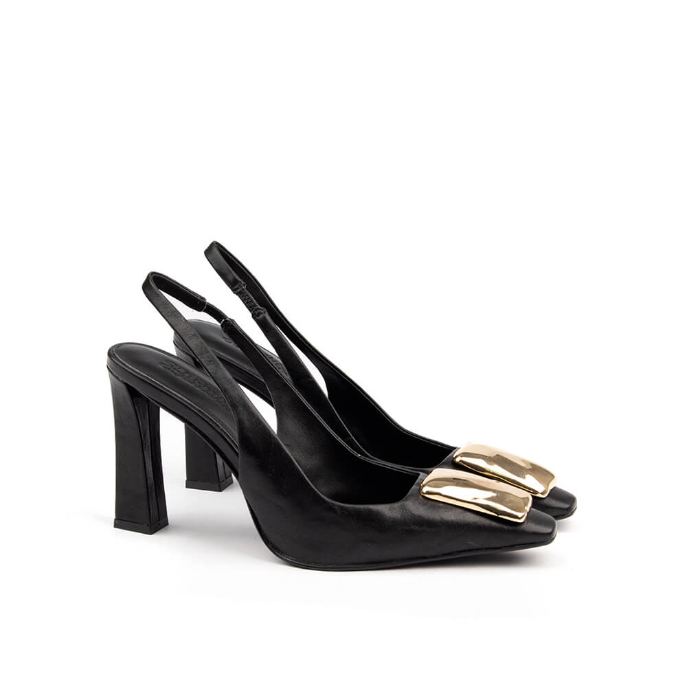 Classic black slingback heels with square gold toe detail and high block heel