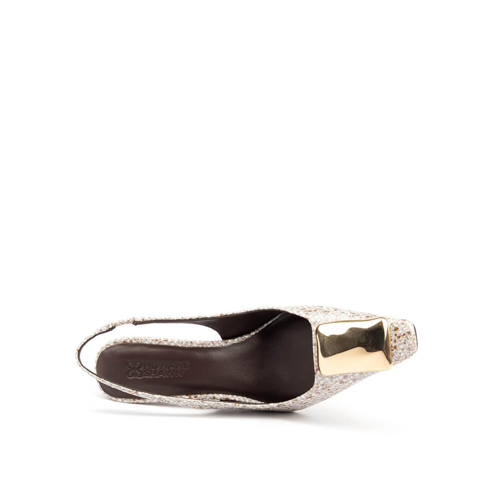 Glitter block heel slingback shoes in champagne with gold toe accent — perfect wedding or event heel