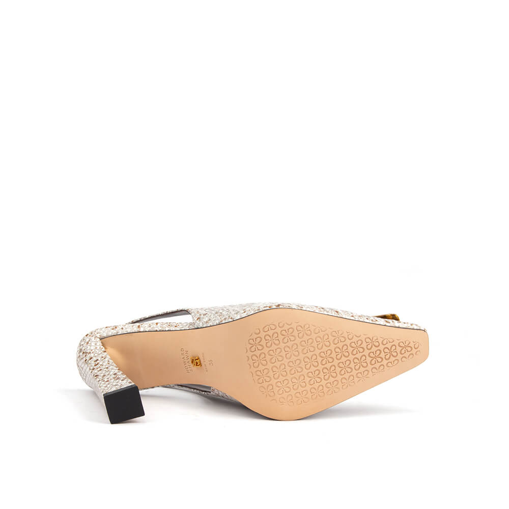 Leather block heel slingback shoes with polished gold toe accent