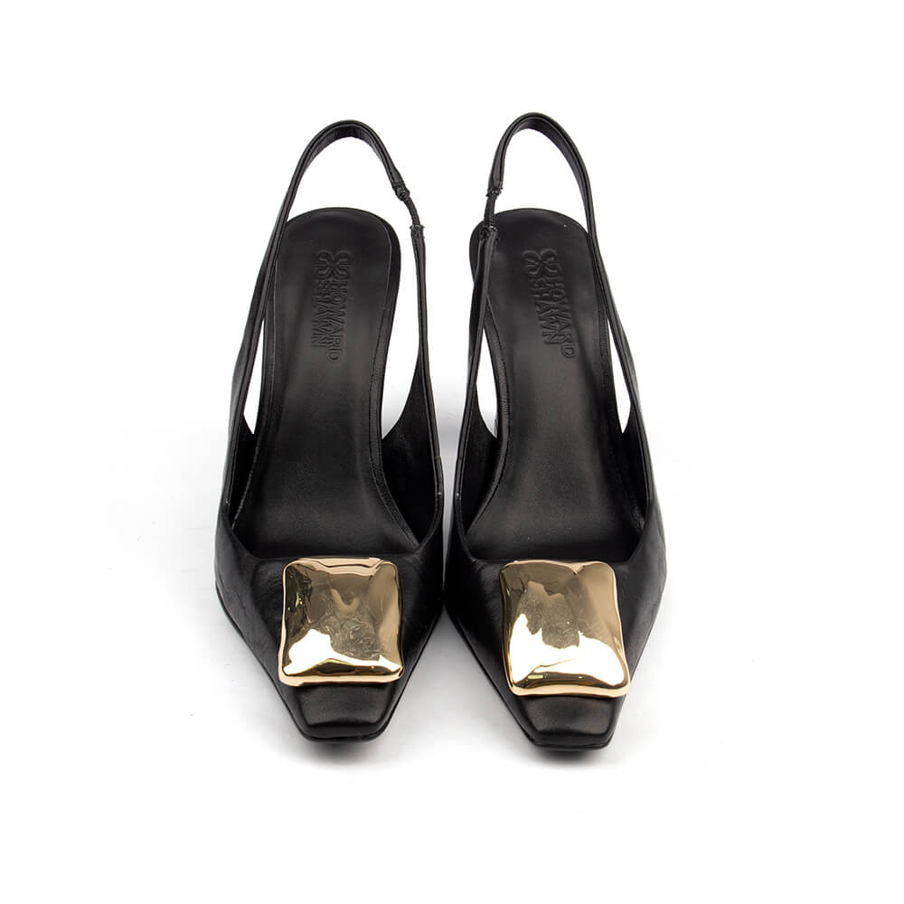 Women's noir black occasion pumps with adjustable slingback and gold hardware
