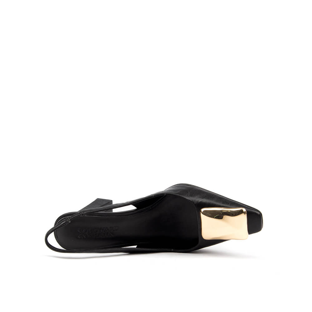 Women's versatile black heels with pointed toe and gold metal hardware detail