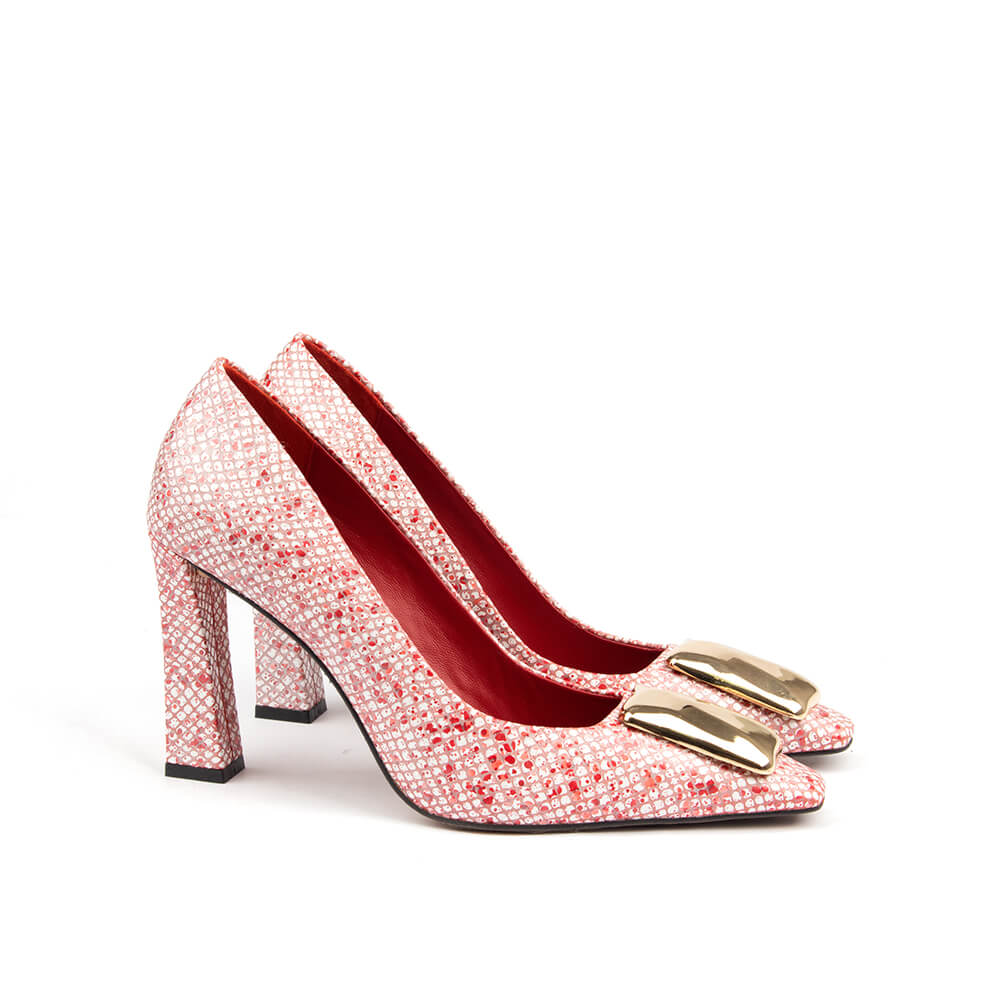 Women's glitter court shoes in pink red crystal with polished gold toe accent