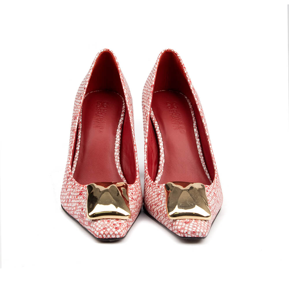 All-over rose rhinestone encrusted block heel pumps with pointed toe silhouette