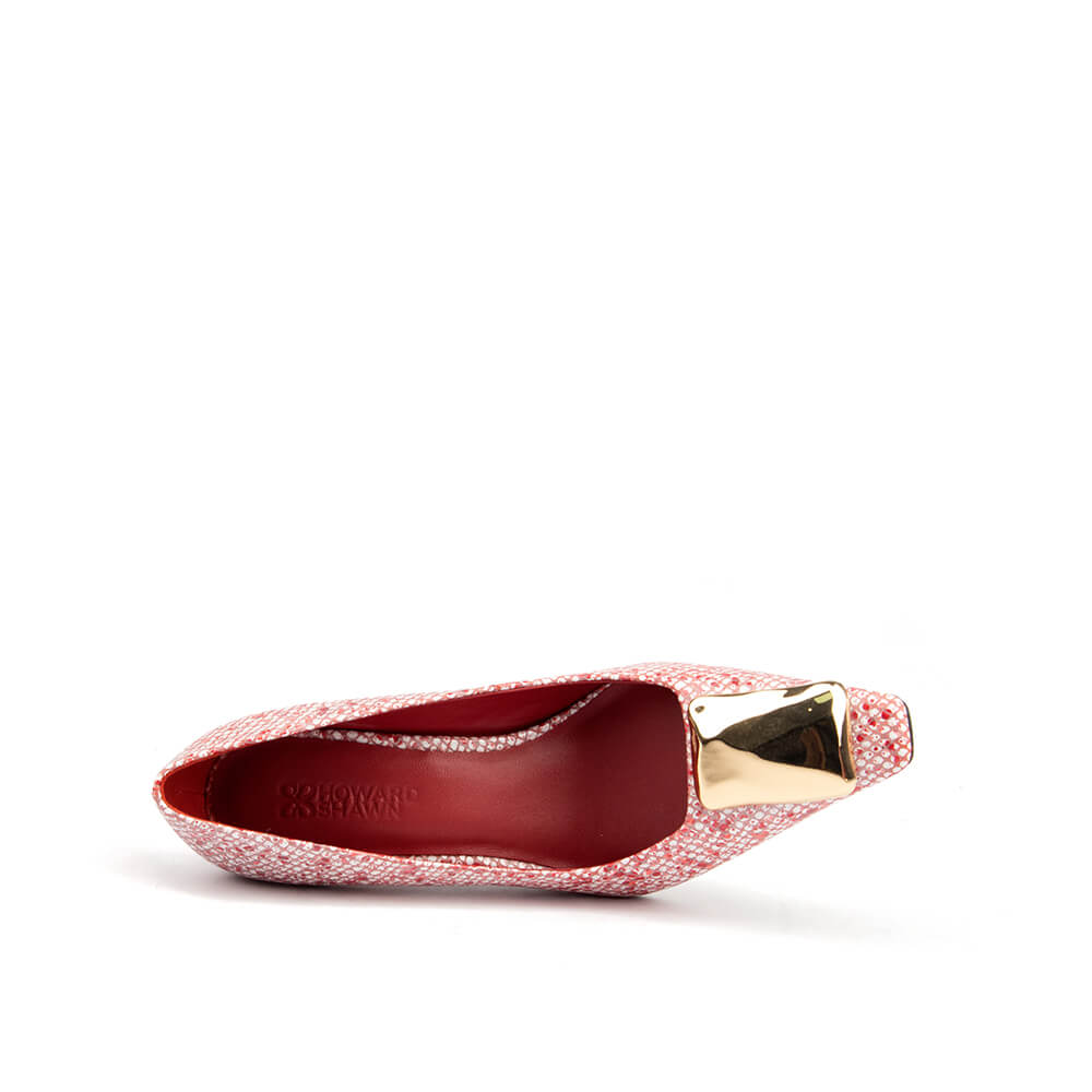 Pink red glitter pointed toe pumps with gold metal hardware accent — side view