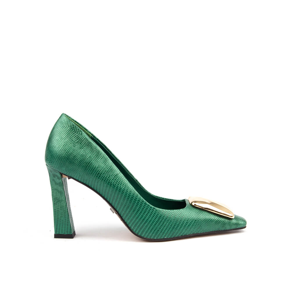 Women's emerald green lizard print block heel court pumps gold bar
