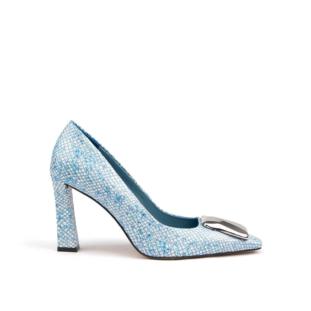 Blue crystal rhinestone pointed toe block heel pumps with silver metal toe hardware