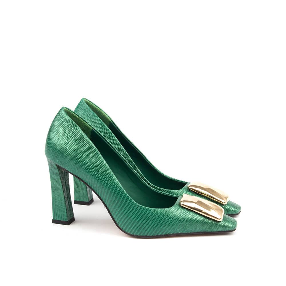 Vivid green lizard embossed block heel pumps double gold bar hardware