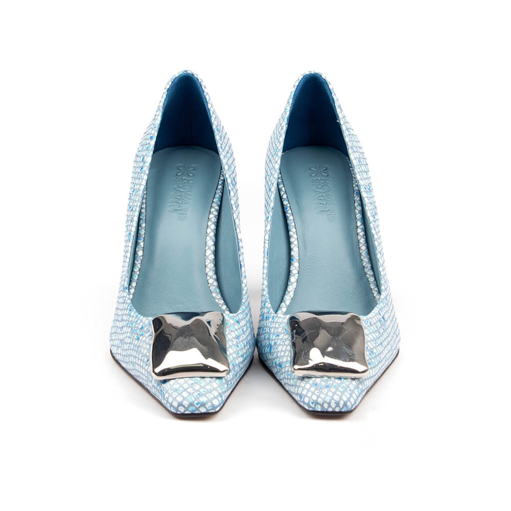 All-over blue rhinestone encrusted block heel pumps with pointed toe silhouette