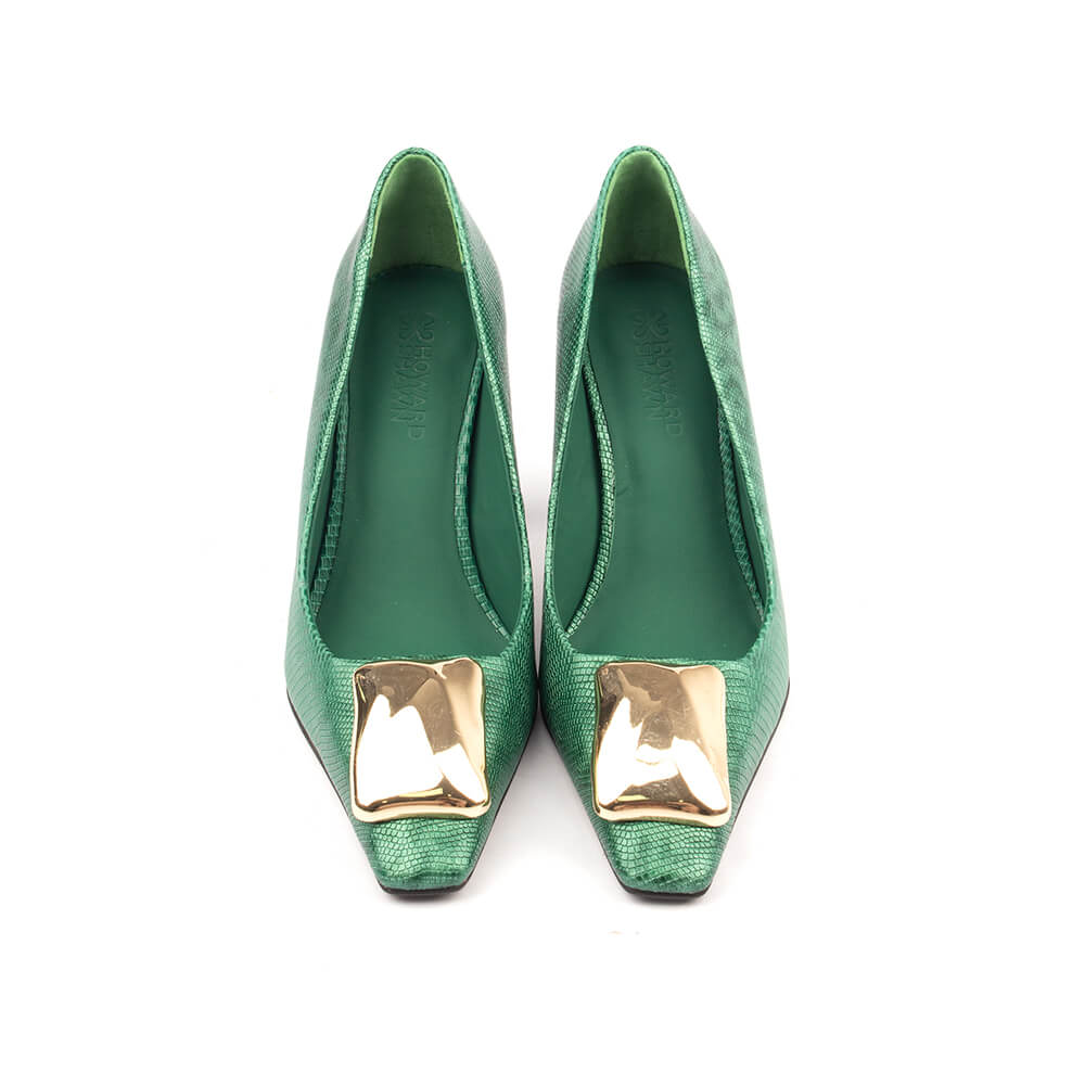 Emerald lizard print court pumps gold bar pointed square toe women
