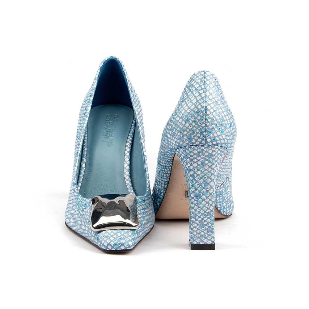 Women's glamorous occasion heels in blue crystal with flared block heel
