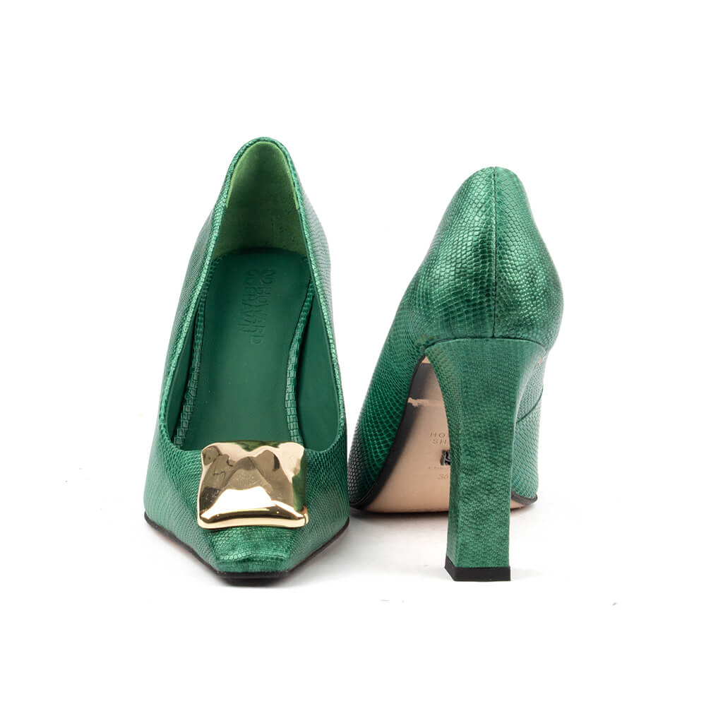 Women's statement block heel court pumps emerald green lizard gold bar