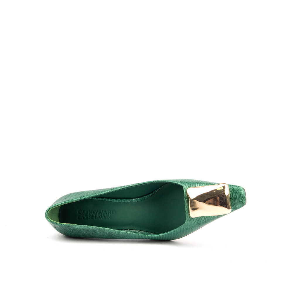 Green reptile embossed leather court pumps gold hardware block heel