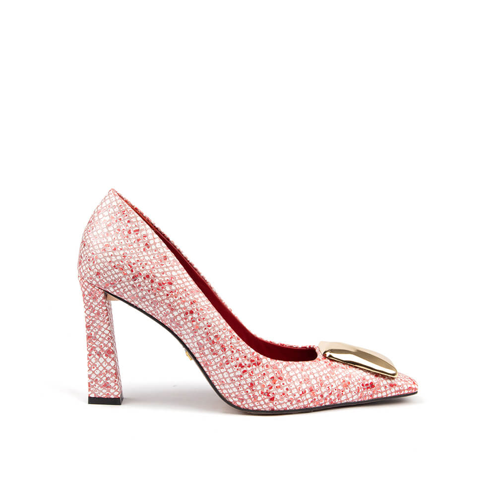 Rose crystal rhinestone pointed toe block heel pumps with gold metal toe hardware