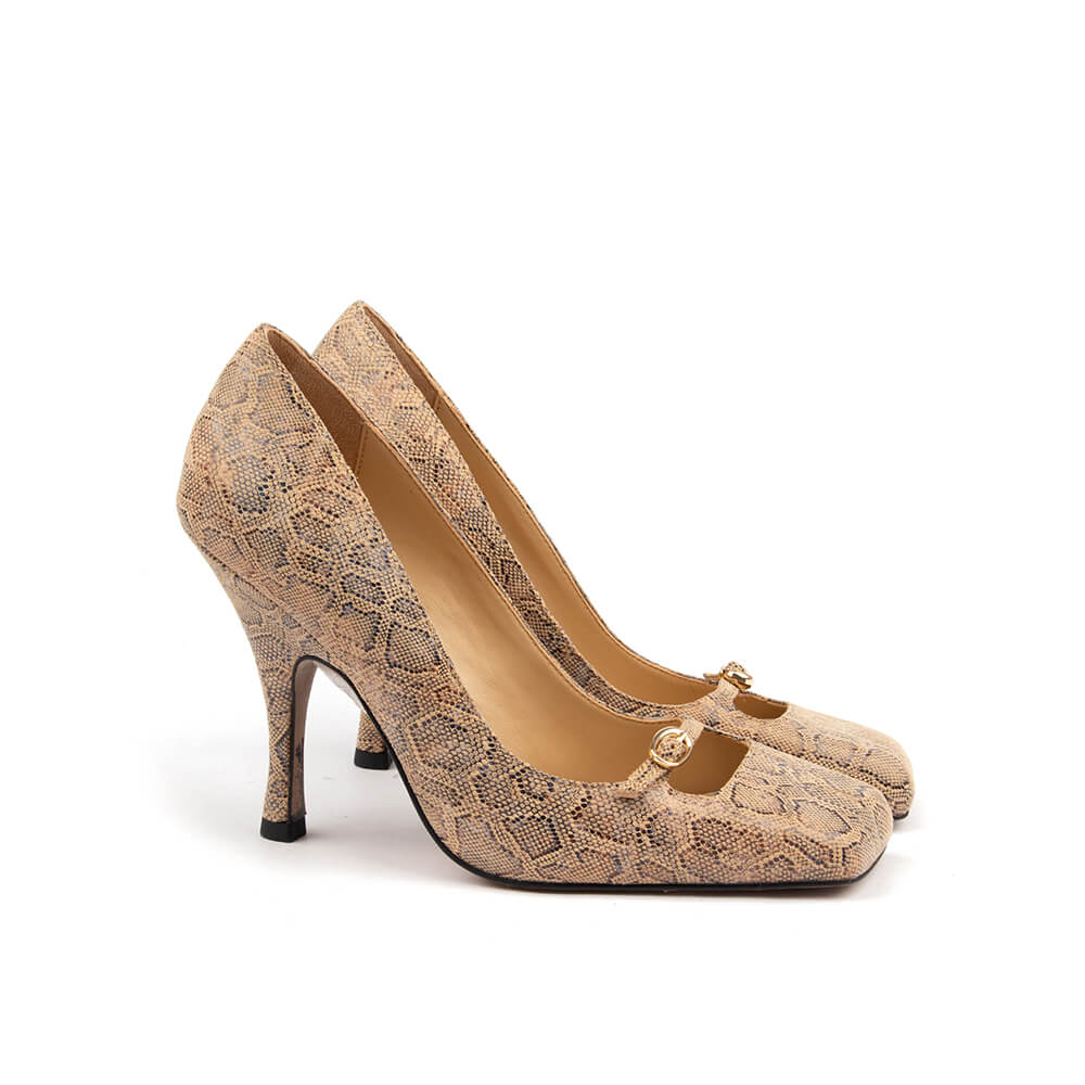 Women's floral lace stiletto pumps with Mary Jane strap and gold hardware