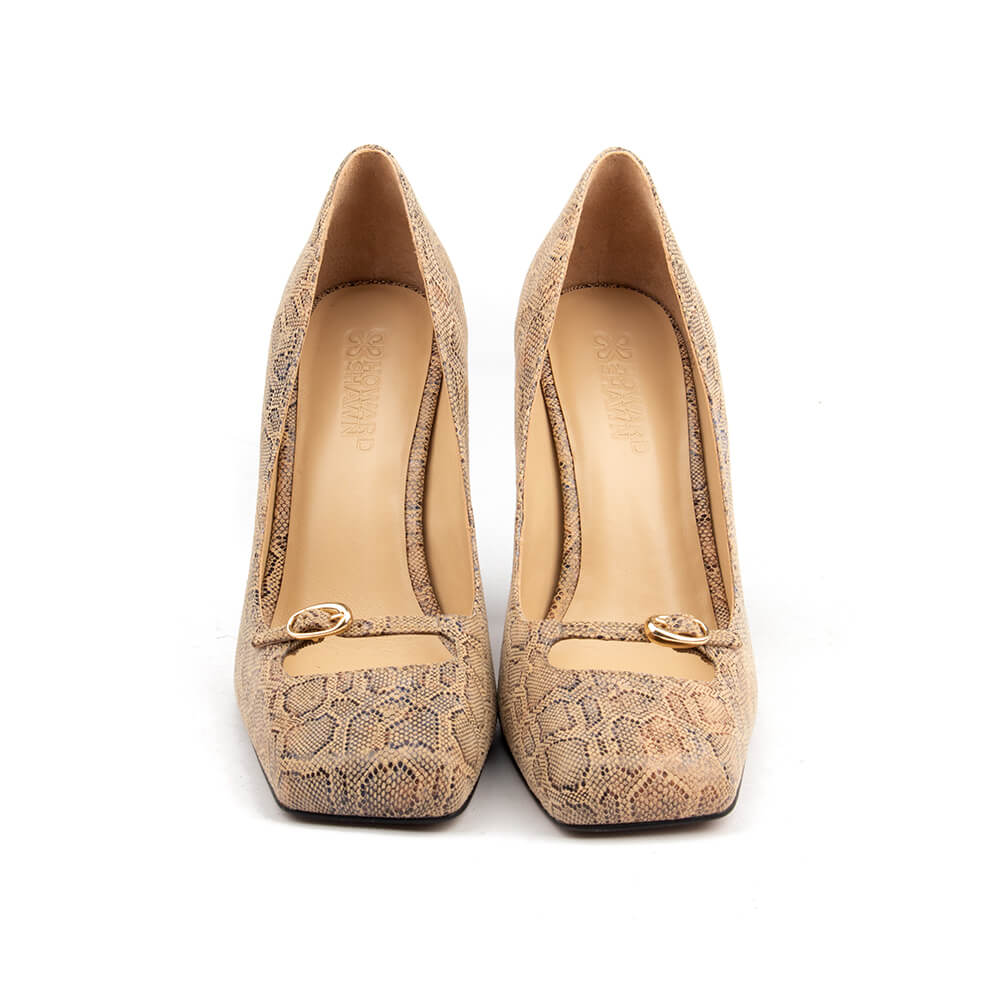 Nude lace Mary Jane heels with signature gold buckle and square toe silhouette