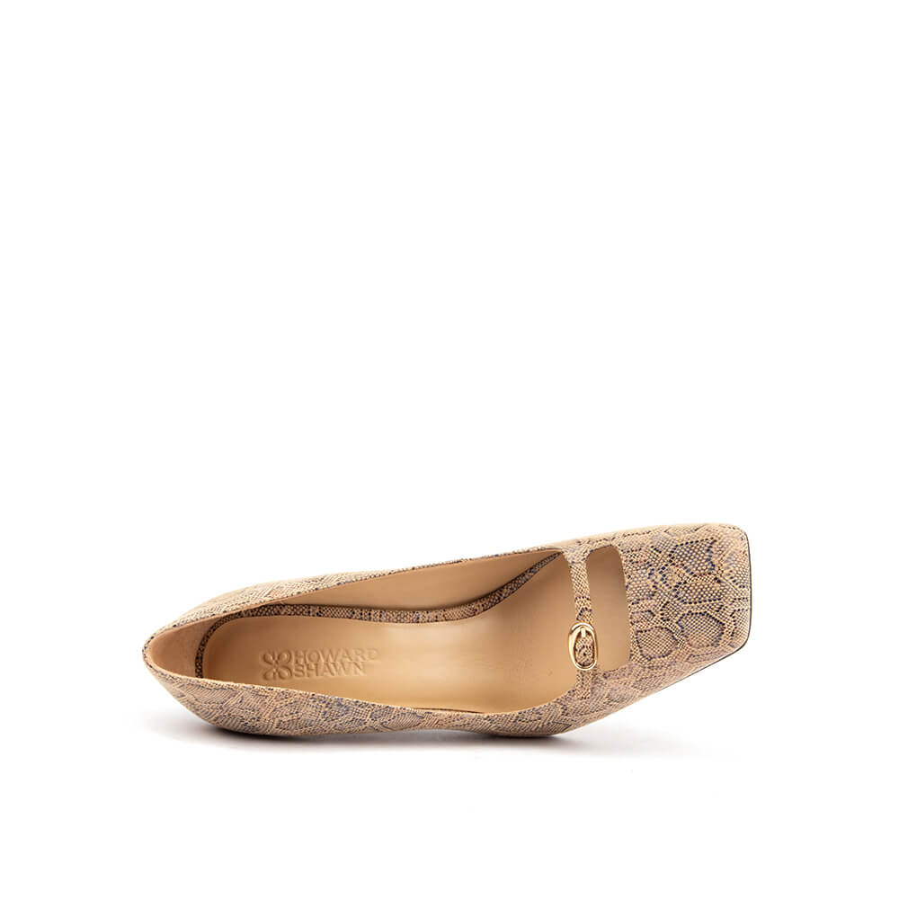Beige floral lace overlay pumps with Mary Jane ankle strap and gold hardware