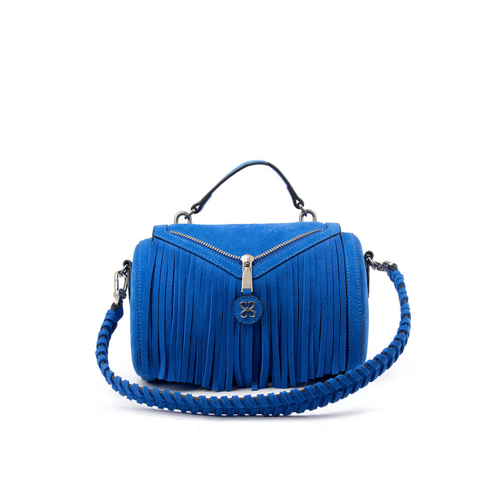 Cobalt blue suede fringe mini crossbody bag with braided strap and zip closure