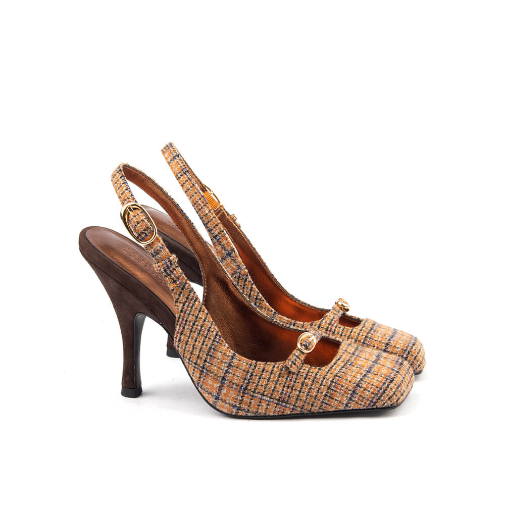 Women's amber plaid tweed slingback stiletto heels T-bar gold buckle