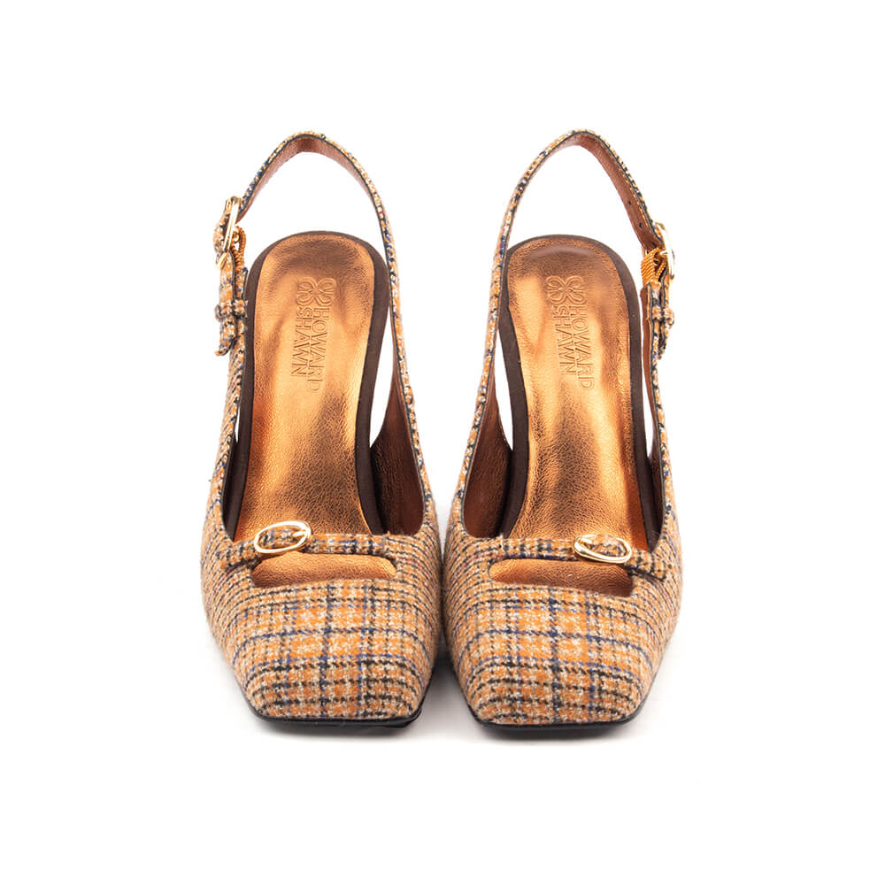 Heritage plaid tweed slingback heels amber caramel brown suede stiletto