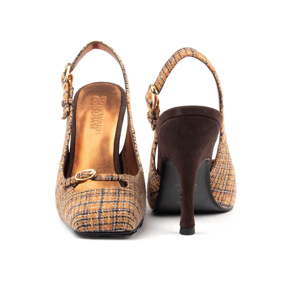 Amber multi-tone plaid tweed stiletto slingback T-bar women