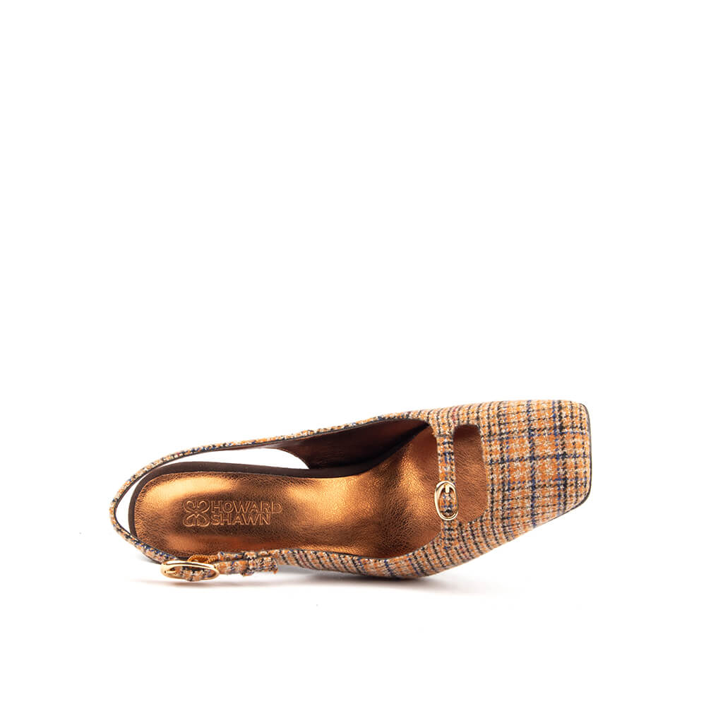 Plaid tweed slingback pumps amber caramel T-bar button gold buckle women