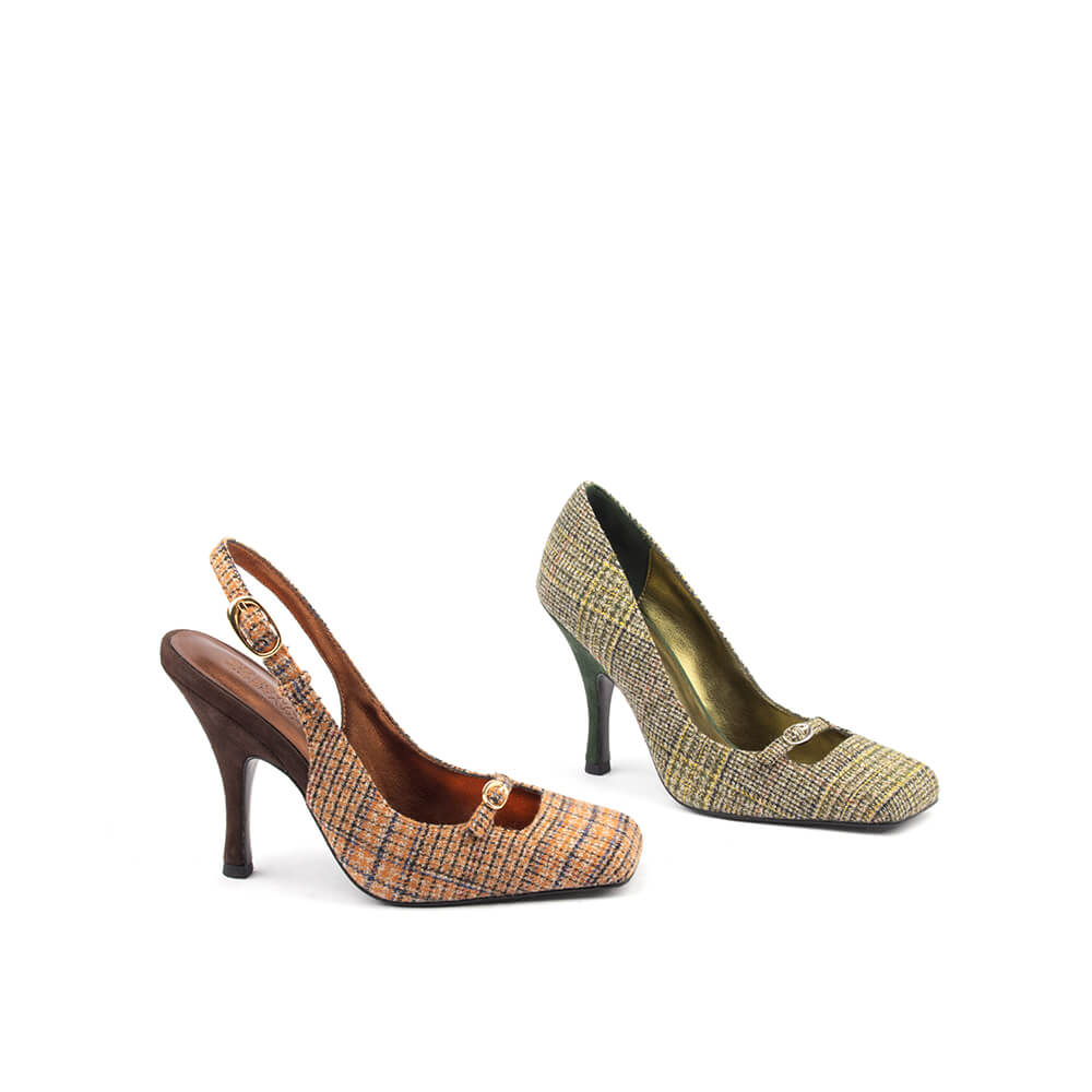 Amber heritage plaid tweed slingback pump brown suede stiletto gold lining