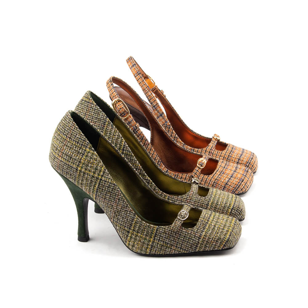 Women's smart heels amber plaid tweed stiletto slingback T-bar jewel