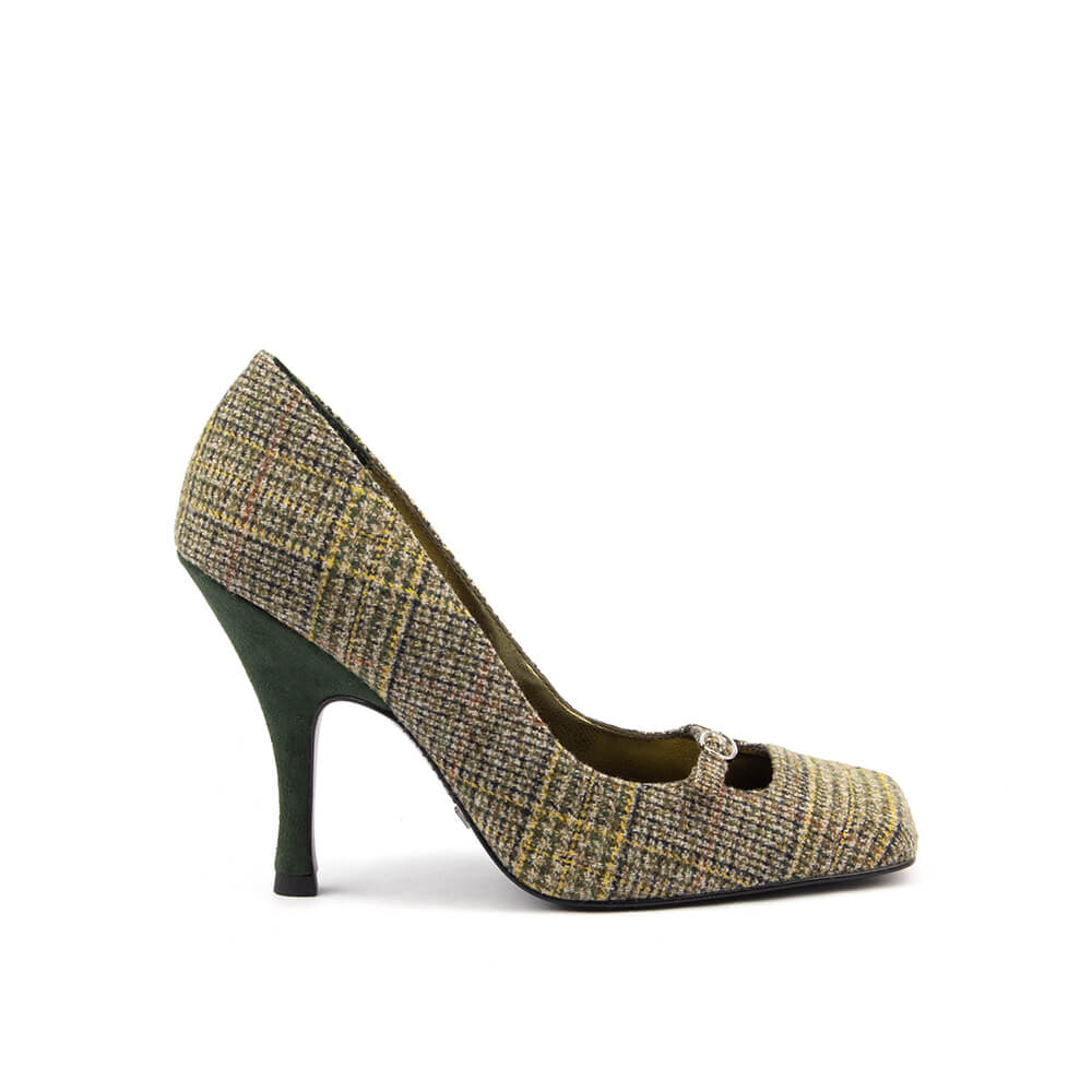 Women's olive plaid tweed court stiletto pumps T-bar jewel button
