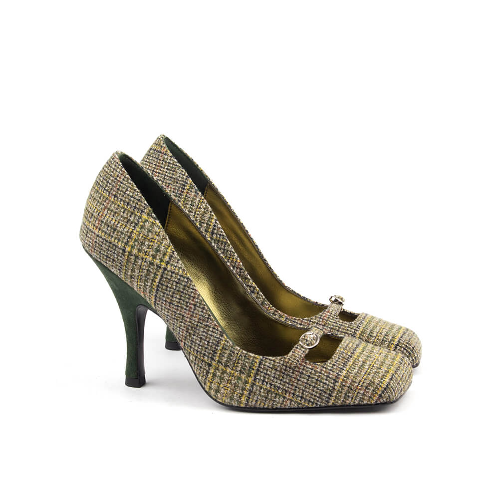 Heritage plaid tweed court heels olive green suede stiletto women