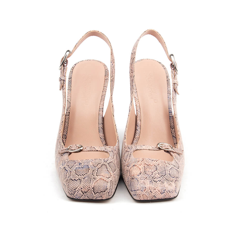Square toe snake print heels with adjustable buckle