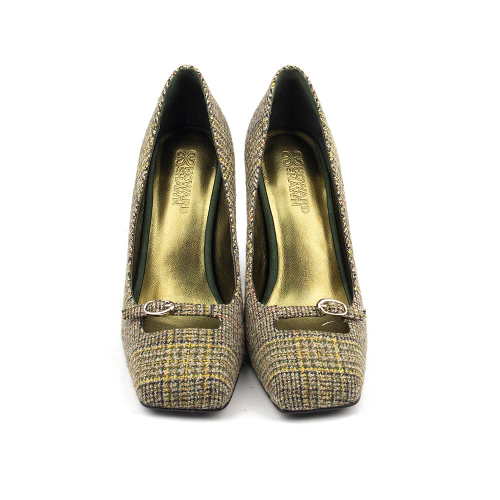 Olive multi-tone plaid tweed stiletto court pumps T-bar women