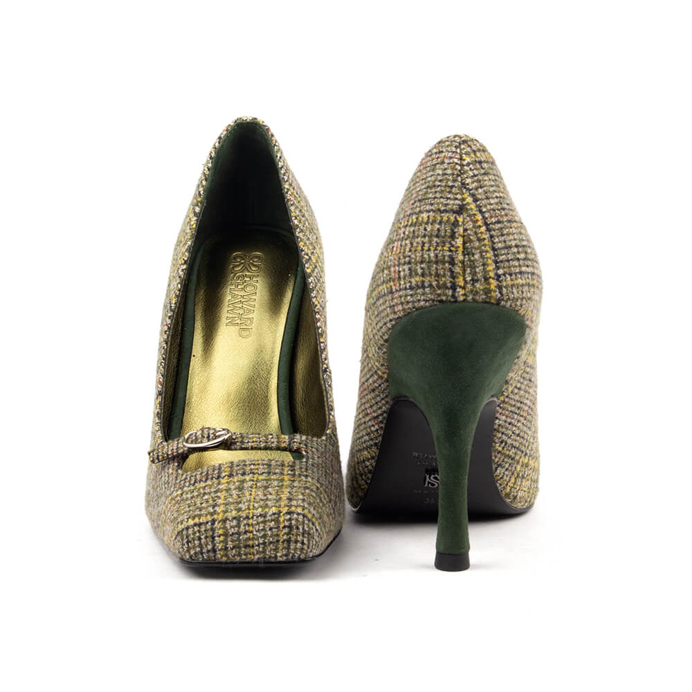 Women's heritage tweed court heels olive plaid green suede stiletto