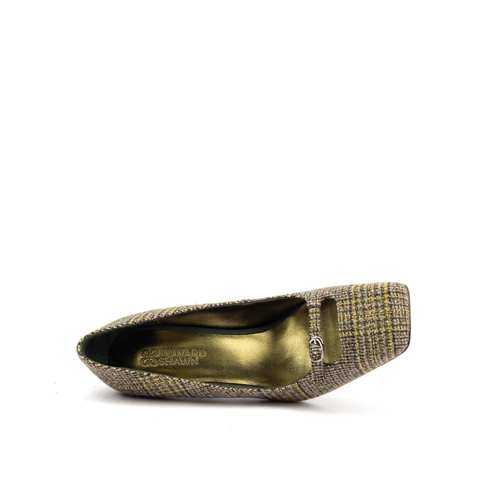 Plaid tweed court pumps olive green T-bar button gold insole women