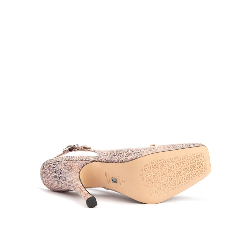 Stiletto slingback heels with decorative silver toe buckle