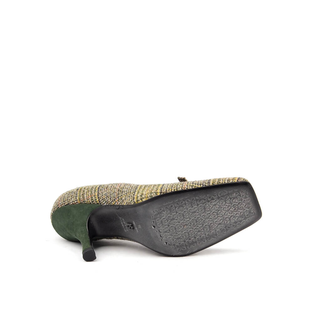 Women's autumn stiletto heels olive plaid tweed court T-bar detail