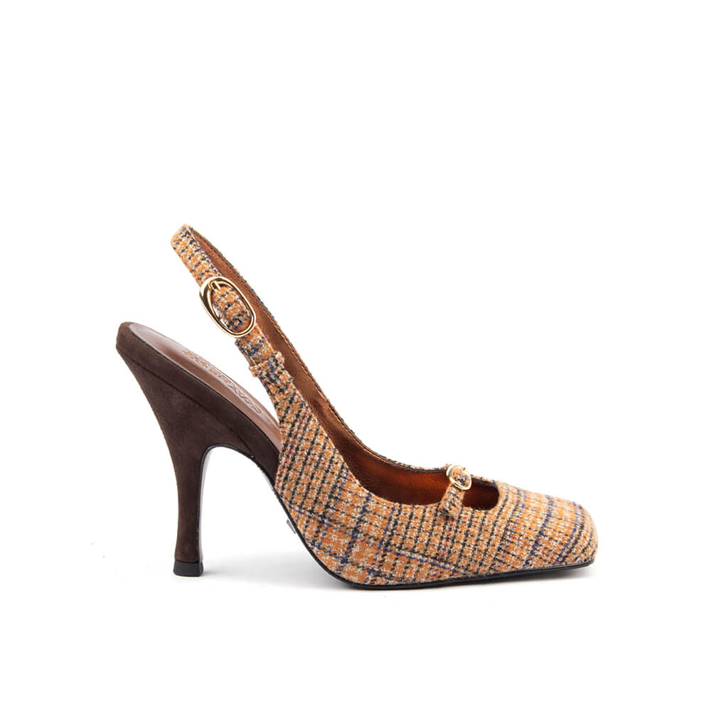 Women's heritage tweed slingback heels amber plaid brown suede stiletto