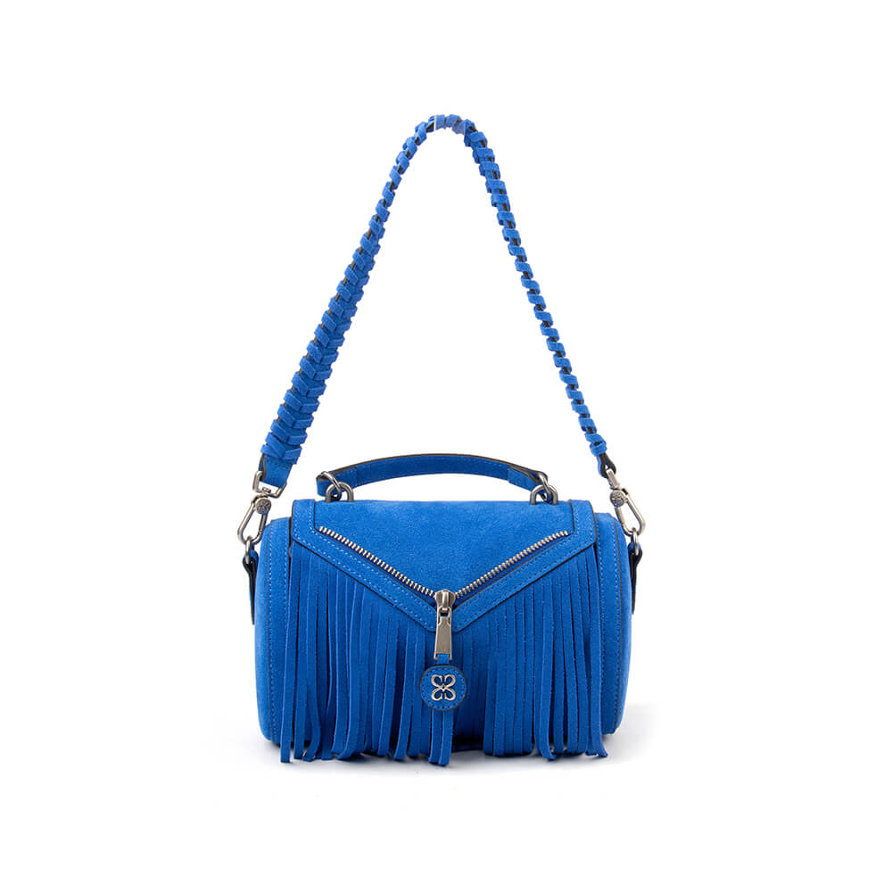 Women's electric blue suede fringe bag with V-zip and logo charm detail