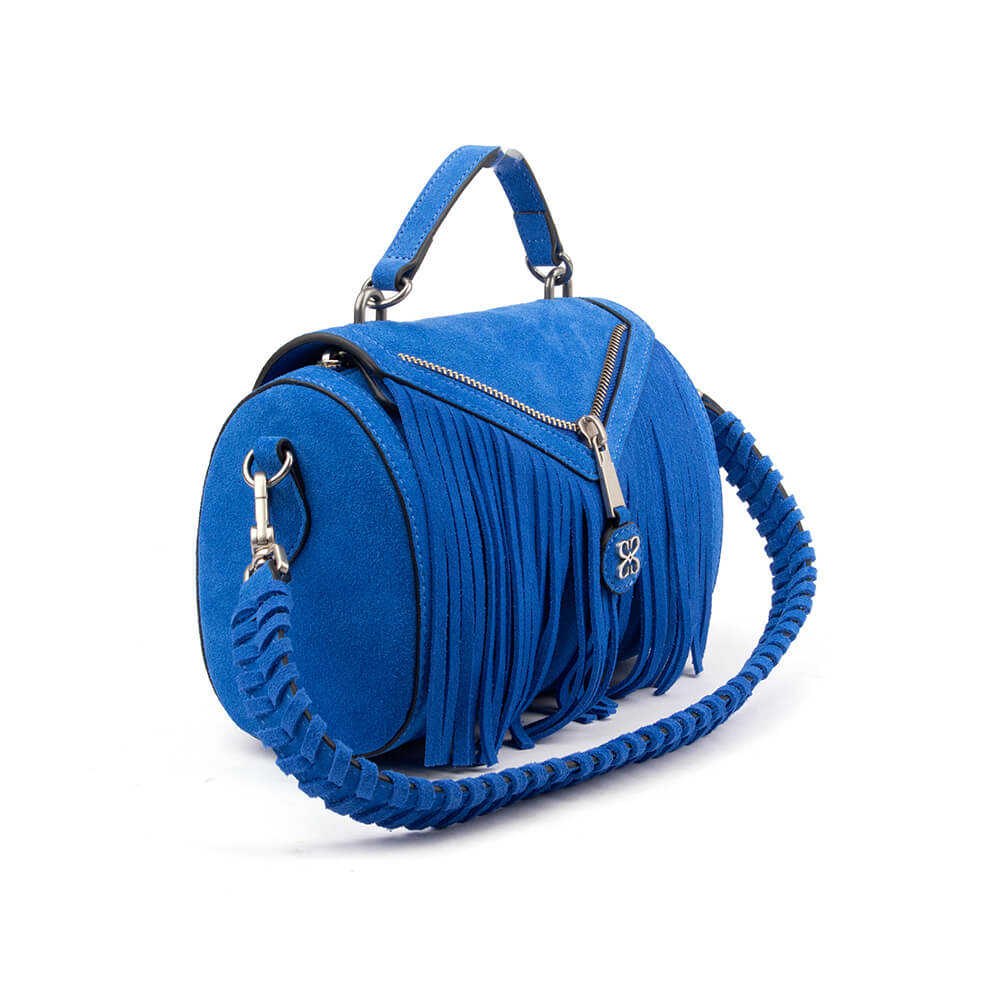 Mini boho crossbody bag in cobalt blue suede with cascading fringe front