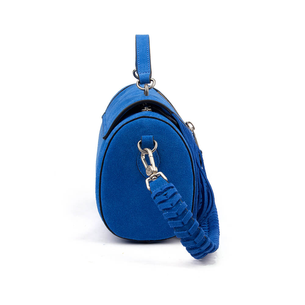 Blue suede fringe handbag with braided shoulder strap and silver hardware