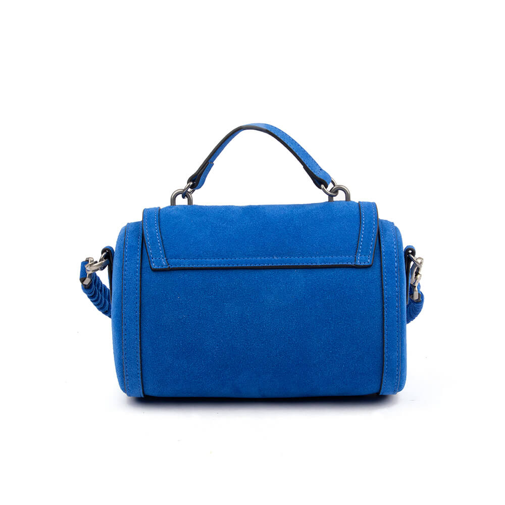 Compact suede fringe crossbody bag with signature logo zipper pull in blue