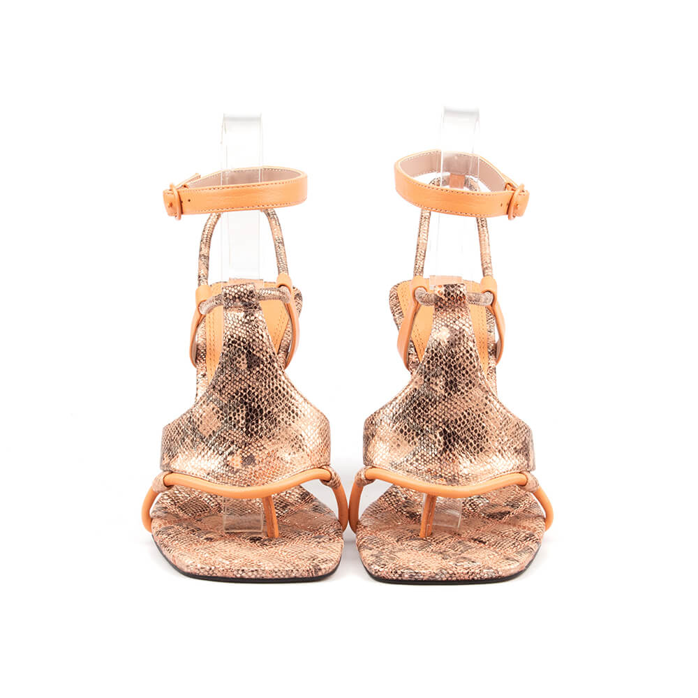 Snake print high heel sandals in copper mirage colorway