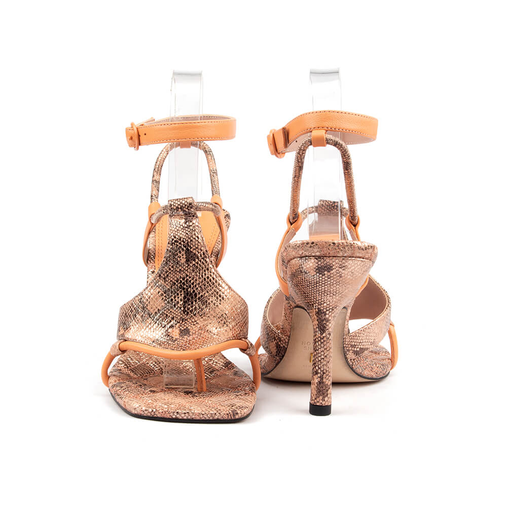 Open toe stiletto sandals bronze snake texture orange strap